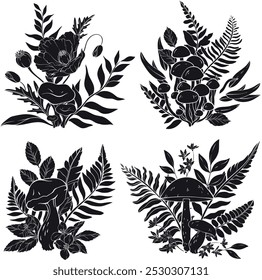 Set of different types of mushrooms, poppy, flowers, grass and berries, ferns silhouettes. Vector illustration