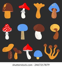 Set of different types of mushrooms. White mushroom, chanterelles, agarics, white mushroom, honeydew. Collection of food ingredients. Flat vector illustration isolated on dark background