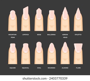 Set of different types of nail shapes collection for best book course manicure and pedicure guide, Various Most popular nail shapes, Beauty spa salon woman fingernails set.