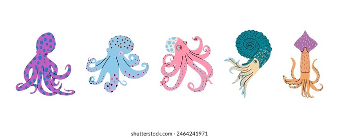 Set of different types of octopuses. Sea creatures. Trendy vector illustration.