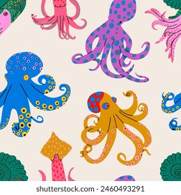 Set of different types of octopuses. Seamless pattern. Sea creatures. Vector illustration.