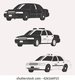 Set of different types of official vehicles. Vector car collection isolated on white background