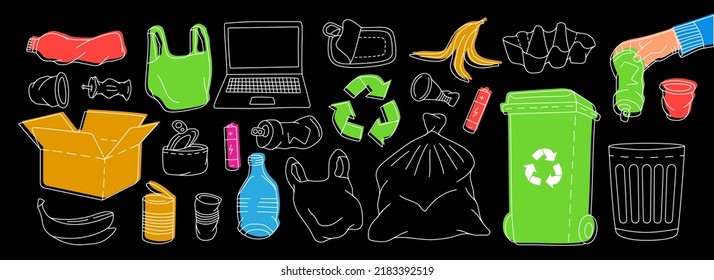Set of different types outline garbage symbol. Plastic, glass, metal, paper, organic waste illustration. Unsorted garbage line set