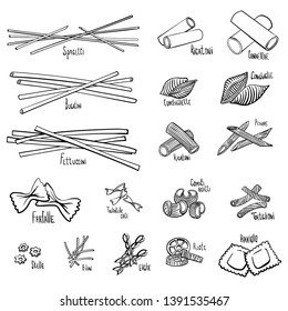 A set of different types of pasta in black and white hand-drawing lines. Vector illustration