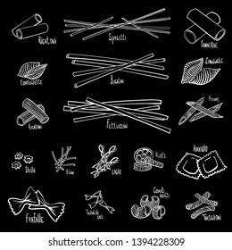 A set of different types of pasta in black and white hand-drawing lines. Vector illustration