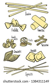 A set of different types of pasta in colored hand-drawing lines. Vector illustration