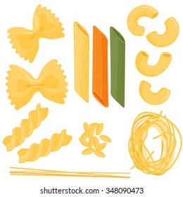 Set of different types of pasta. Farfalle, penne, spaghetti, macaroni, orzo and fusilli. Vector illustration