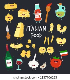 Set of different types of pasta with Italian food. Vector illustration. You can use for cards, fridge magnets, stickers, posters or restaurant menu.