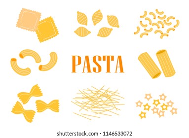 Set of different types of pasta. Italian national dish. Vector illustration on white background. Inscription in the middle.