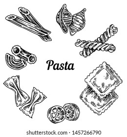 Set of different types of pasta. Sketch. Engraving style. Vector illustration. 