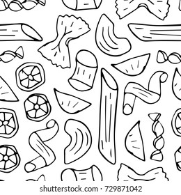 Set of different types of pasta: spaghetti, macaroni, orzo.