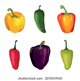 Set of different types pepper on white background. Variety vector pepper in flat style.
