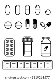 Set of different types of pills. Black and white capsules and tablets. Vector illustration isolated on a white background