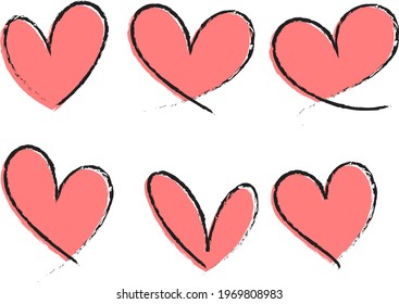 Set of different types of pink heart hand drawn isolated illustration