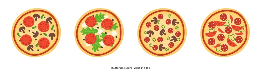 A set of different types of pizza. Mushroom, Veggie, Diablo, Mexican. Vector illustration