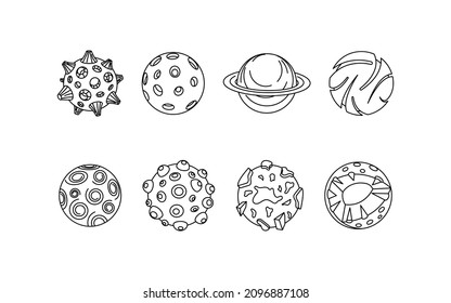 Set of different types of planets. Sample. Outline image. Vector illustration.