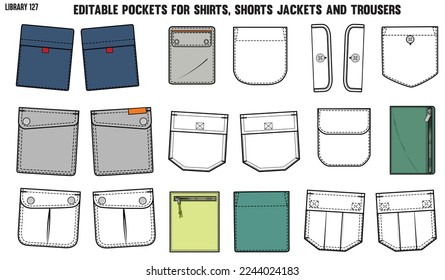 SET OF DIFFERENT TYPES OF POCKET FOR APPAREL AND CLOTHINGS; FOR SHIRTS DENIM JEANS JACKET CARGO PANTS CHINOS, JACKETS AND BLAZERS IN EDITABLE VECTOR