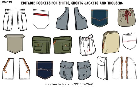 SET OF DIFFERENT TYPES OF POCKET FOR APPAREL AND CLOTHINGS; FOR SHIRTS DENIM JEANS JACKET CARGO PANTS CHINOS, JACKETS AND BLAZERS IN EDITABLE VECTOR