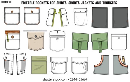 SET OF DIFFERENT TYPES OF POCKET FOR APPAREL AND CLOTHINGS; FOR SHIRTS DENIM JEANS JACKET CARGO PANTS CHINOS, JACKETS AND BLAZERS IN EDITABLE VECTOR