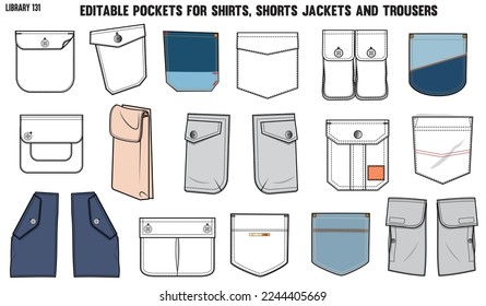 SET OF DIFFERENT TYPES OF POCKET FOR APPAREL AND CLOTHINGS; FOR SHIRTS DENIM JEANS JACKET CARGO PANTS CHINOS, JACKETS AND BLAZERS IN EDITABLE VECTOR