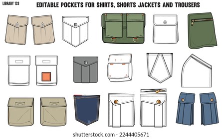 SET OF DIFFERENT TYPES OF POCKET FOR APPAREL AND CLOTHINGS; FOR SHIRTS DENIM JEANS JACKET CARGO PANTS CHINOS, JACKETS AND BLAZERS IN EDITABLE VECTOR