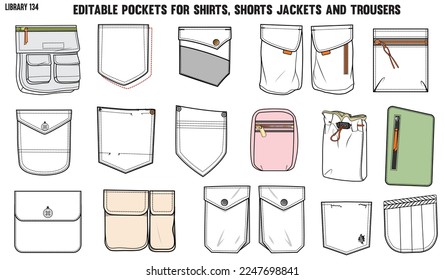 SET OF DIFFERENT TYPES OF POCKET FOR APPAREL AND CLOTHINGS; FOR SHIRTS DENIM JEANS JACKET CARGO PANTS CHINOS, JACKETS AND BLAZERS IN EDITABLE VECTOR