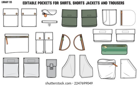 SET OF DIFFERENT TYPES OF POCKET FOR APPAREL AND CLOTHINGS; FOR SHIRTS DENIM JEANS JACKET CARGO PANTS CHINOS, JACKETS AND BLAZERS IN EDITABLE VECTOR