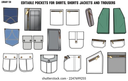 SET OF DIFFERENT TYPES OF POCKET FOR APPAREL AND CLOTHINGS; FOR SHIRTS DENIM JEANS JACKET CARGO PANTS CHINOS, JACKETS AND BLAZERS IN EDITABLE VECTOR