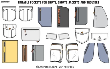 SET OF DIFFERENT TYPES OF POCKET FOR APPAREL AND CLOTHINGS; FOR SHIRTS DENIM JEANS JACKET CARGO PANTS CHINOS, JACKETS AND BLAZERS IN EDITABLE VECTOR