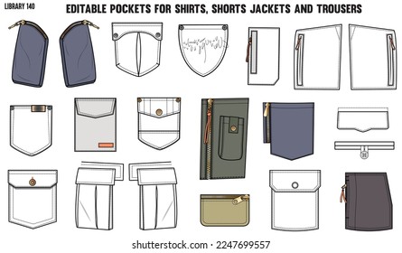 SET OF DIFFERENT TYPES OF POCKET FOR APPAREL AND CLOTHINGS; FOR SHIRTS DENIM JEANS JACKET CARGO PANTS CHINOS, JACKETS AND BLAZERS IN EDITABLE VECTOR