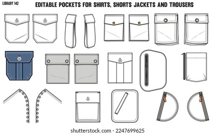 SET OF DIFFERENT TYPES OF POCKET FOR APPAREL AND CLOTHINGS; FOR SHIRTS DENIM JEANS JACKET CARGO PANTS CHINOS, JACKETS AND BLAZERS IN EDITABLE VECTOR