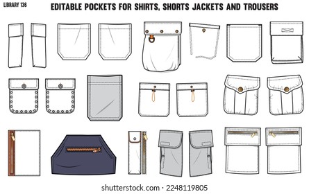 SET OF DIFFERENT TYPES OF POCKET FOR APPAREL AND CLOTHINGS; FOR SHIRTS DENIM JEANS JACKET CARGO PANTS CHINOS, JACKETS AND BLAZERS IN EDITABLE VECTOR