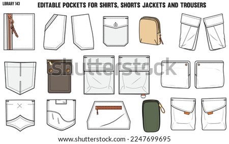 SET OF DIFFERENT TYPES OF POCKET FOR APPAREL AND CLOTHINGS; FOR SHIRTS DENIM JEANS JACKET CARGO PANTS CHINOS, JACKETS AND BLAZERS IN EDITABLE VECTOR