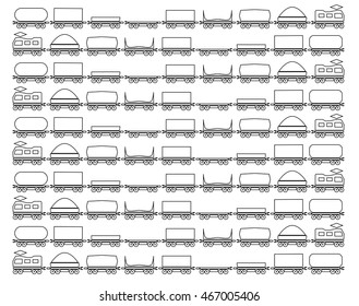 Set of different types of rail freight wagons. Black-and-white contour.