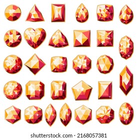 Set of different types of read and orange gemstones