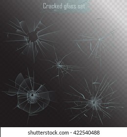 Set of different types of realistic broken glass crack on alpha background. 