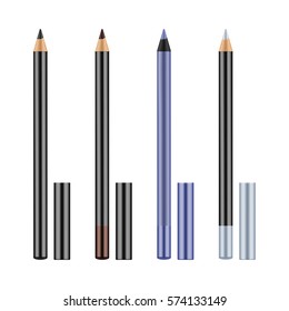 Set of different types realistic eyeliners. Black, silver, brown and blue pencils for eyes with caps. Cosmetic product for makeup and beauty eyes. Vector illustration isolated on white background.