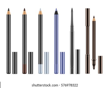 Set of different types realistic eyeliners. Black, silver, brown and blue pencils for eyes with caps. Cosmetic product for makeup and beauty eyes. Vector illustration isolated on white background.