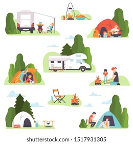 Set of different types of recreation at the campsite. Vector illustration.