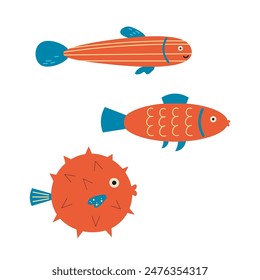 Set with different types of red fish. Underwater world, seafood, nature, animals, ocean life. Vector marine illustration on cartoon style. Design elements for card, poster, print, sign, paper, logo