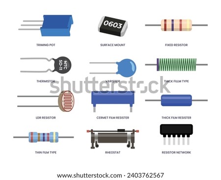 Set of different types of resistor collection, consist of Trimmer, Potentiometer, Resistor, Surface, Mount, Fixed, Thermistor, Varistor, LDR, Photoresistor, Cermet, Thick, Thin, Rheostat.