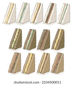 set of different types of sandwich triangles white and brown bread on white background