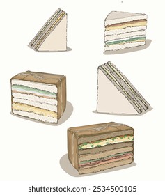 set of different types of sandwich triangles white and brown bread on white background