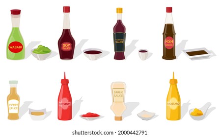 A set of different types of sauces in saucepans and packages. with realistic shadows.Soy sauce, mustard, wasabi,ketchup, fish sauce, curry sauce, teriyaki and garlic sauce.Plastic and glass packaging.