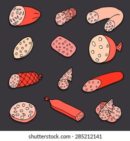 Set of different types of sausages. Vector illustration