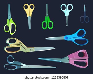 A set of different types of scissors for different purposes. Scissors for needlework, office, nails, applications, sewing, children and manicure. Nine types of scissors for all occasions.