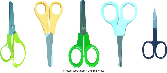 A set of different types of scissors for different purposes. Scissors for needlework, office, nails, applications, sewing, children and manicure. 5 types of scissors for all occasions.