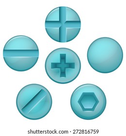 set of different types of screw blue color isolated on white