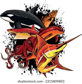 Set of different types of sea animals illustration