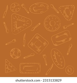 A set of different types and shapes of plates and cutlery. Doodle color vector illustration.